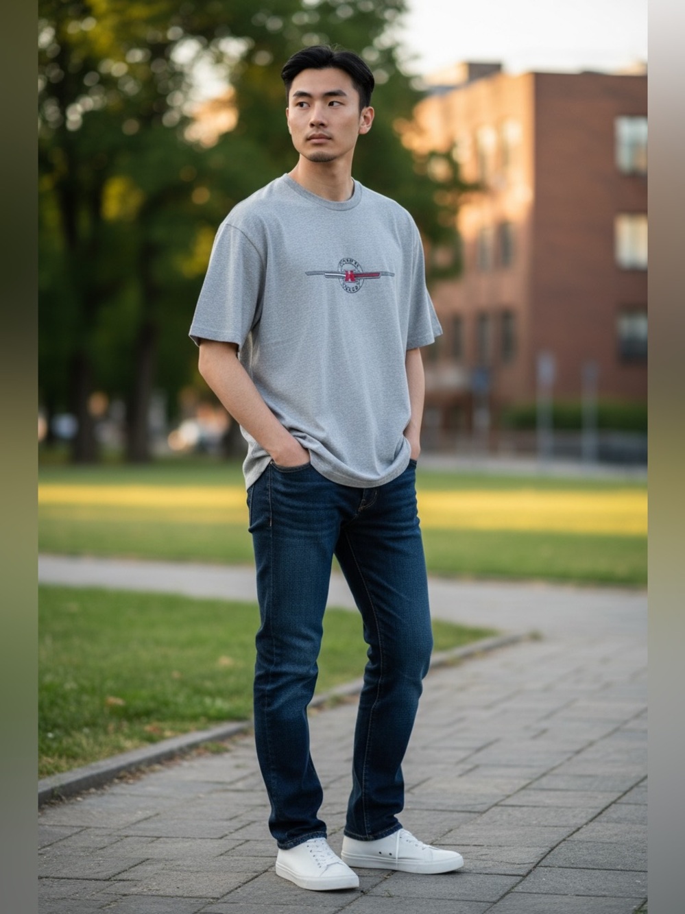 Tommy Hilfiger Gray Crewneck Tee with Subtle Red Accent